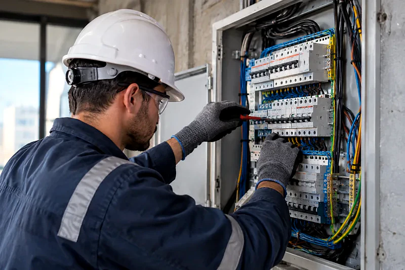 Eletricista de capacete e uniforme fazendo manutenção em um quadro de disjuntores